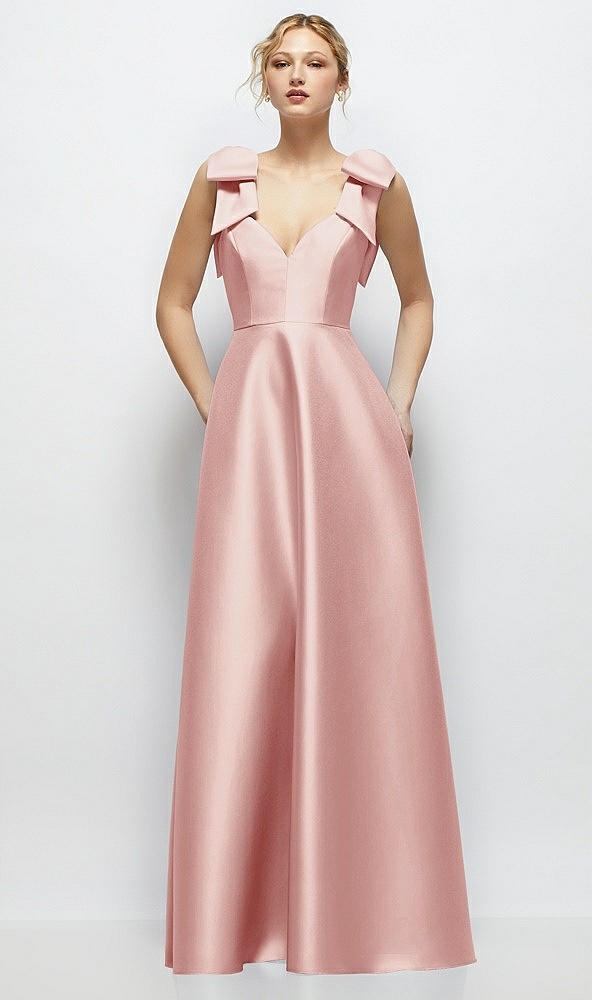 Front View - Rose Deep V-Neck Satin Ball Gown with Shoulder Bows