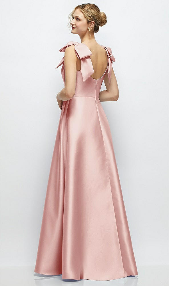 Back View - Rose Deep V-Neck Satin Ball Gown with Shoulder Bows