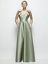 Front View Thumbnail - Sage Deep V-Neck Satin Ball Gown with Shoulder Bows