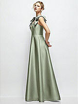 Side View Thumbnail - Sage Deep V-Neck Satin Ball Gown with Shoulder Bows