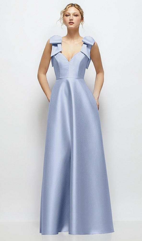 Front View - Sky Blue Deep V-Neck Satin Ball Gown with Shoulder Bows