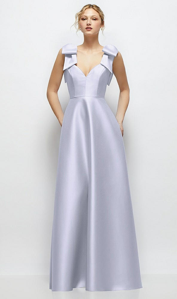 Front View - Silver Dove Deep V-Neck Satin Ball Gown with Shoulder Bows
