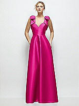 Front View Thumbnail - Think Pink Deep V-Neck Satin Ball Gown with Shoulder Bows