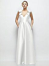 Front View Thumbnail - White Deep V-Neck Satin Ball Gown with Shoulder Bows