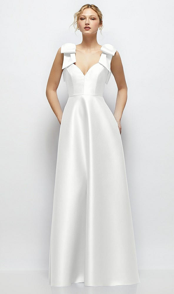 Front View - White Deep V-Neck Satin Ball Gown with Shoulder Bows