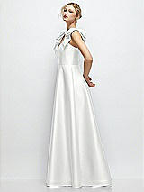 Side View Thumbnail - White Deep V-Neck Satin Ball Gown with Shoulder Bows