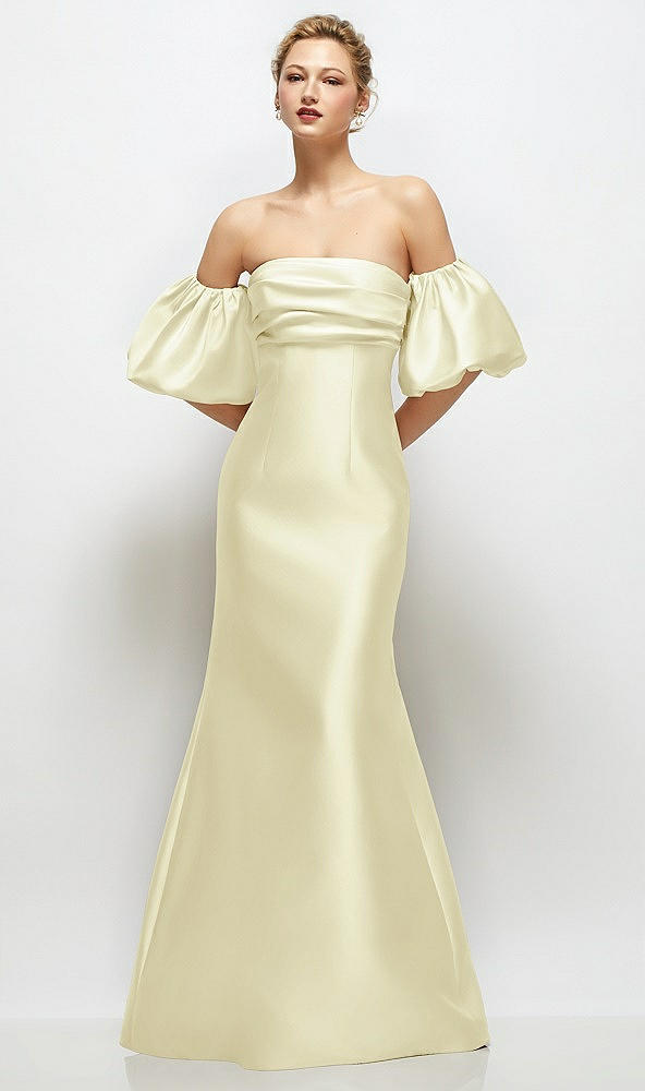 Front View - Butter Yellow Off-the-Shoulder Puff Sleeve Satin Maxi Dress with Flared Skirt