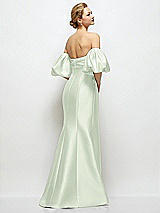 Rear View Thumbnail - Mint Green Off-the-Shoulder Puff Sleeve Satin Maxi Dress with Flared Skirt