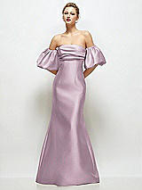 Front View Thumbnail - Suede Rose Off-the-Shoulder Puff Sleeve Satin Maxi Dress with Flared Skirt