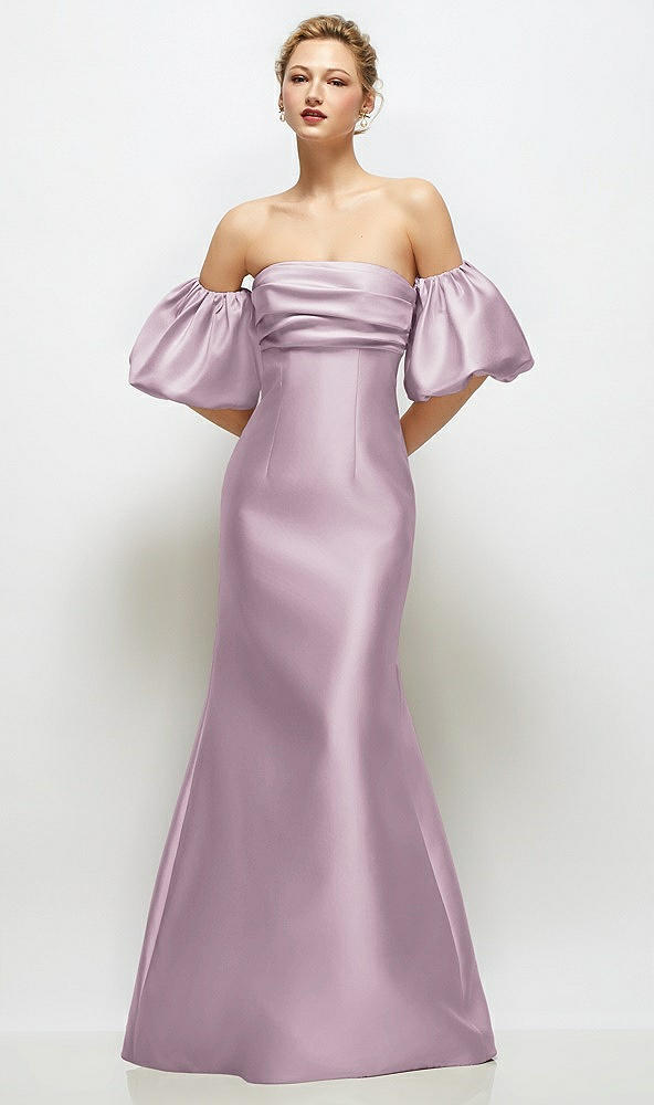 Front View - Suede Rose Off-the-Shoulder Puff Sleeve Satin Maxi Dress with Flared Skirt