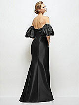 Rear View Thumbnail - Black Off-the-Shoulder Puff Sleeve Satin Maxi Dress with Flared Skirt