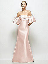 Front View Thumbnail - Blush Off-the-Shoulder Puff Sleeve Satin Maxi Dress with Flared Skirt
