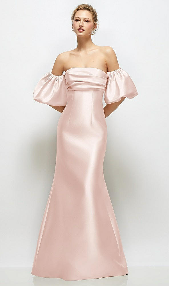 Front View - Blush Off-the-Shoulder Puff Sleeve Satin Maxi Dress with Flared Skirt