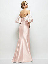 Rear View Thumbnail - Blush Off-the-Shoulder Puff Sleeve Satin Maxi Dress with Flared Skirt