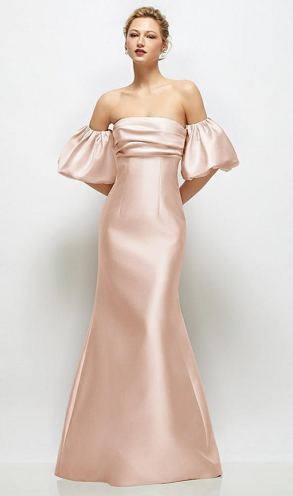 Front View - Cameo Off-the-Shoulder Puff Sleeve Satin Maxi Dress with Flared Skirt