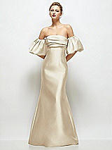 Front View Thumbnail - Champagne Off-the-Shoulder Puff Sleeve Satin Maxi Dress with Flared Skirt