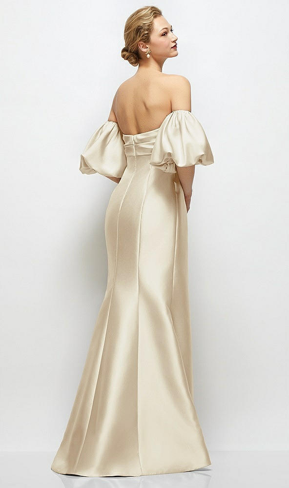 Back View - Champagne Off-the-Shoulder Puff Sleeve Satin Maxi Dress with Flared Skirt
