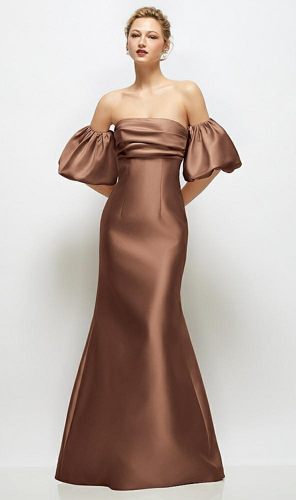 Front View - Cognac Off-the-Shoulder Puff Sleeve Satin Maxi Dress with Flared Skirt