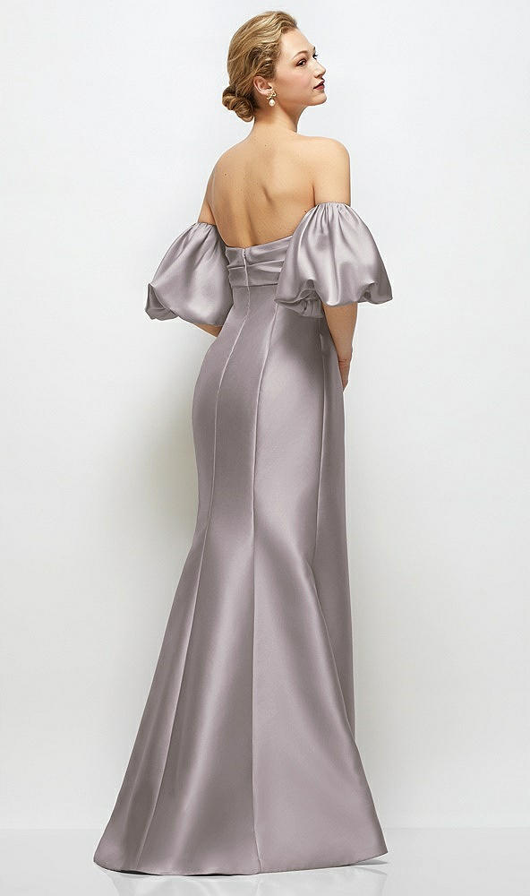 Back View - Cashmere Gray Off-the-Shoulder Puff Sleeve Satin Maxi Dress with Flared Skirt