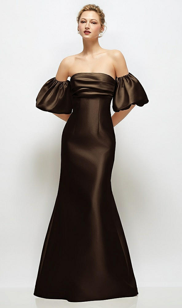 Front View - Espresso Off-the-Shoulder Puff Sleeve Satin Maxi Dress with Flared Skirt