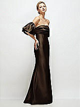 Side View Thumbnail - Espresso Off-the-Shoulder Puff Sleeve Satin Maxi Dress with Flared Skirt