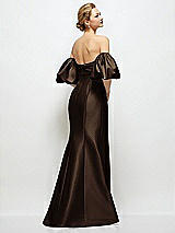 Rear View Thumbnail - Espresso Off-the-Shoulder Puff Sleeve Satin Maxi Dress with Flared Skirt