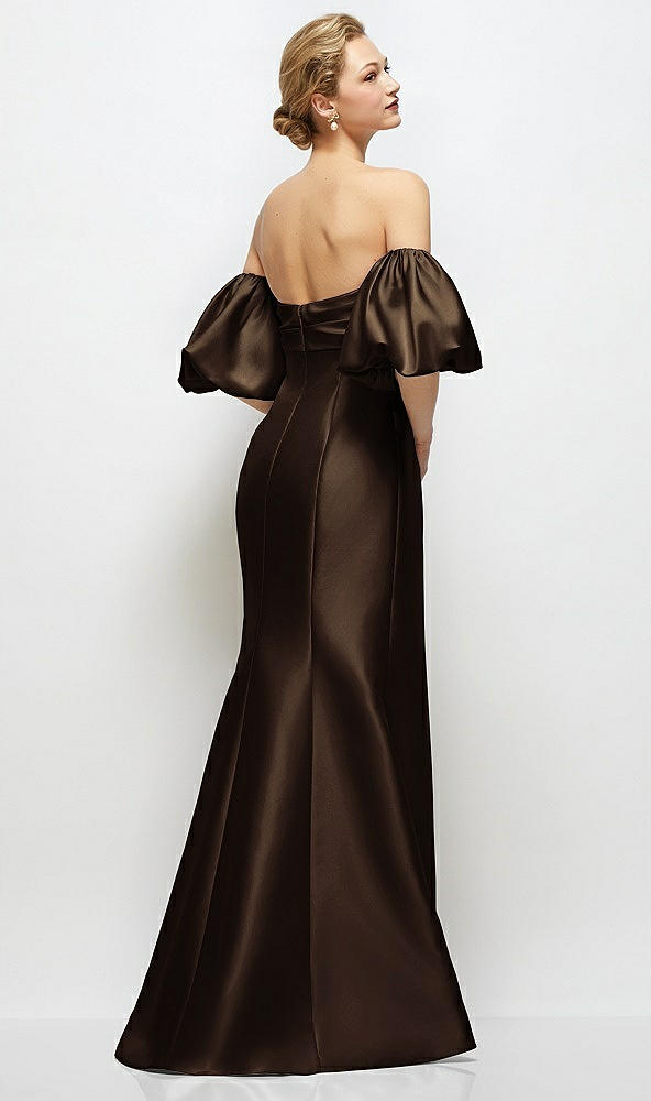 Back View - Espresso Off-the-Shoulder Puff Sleeve Satin Maxi Dress with Flared Skirt