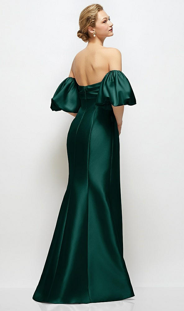 Back View - Evergreen Off-the-Shoulder Puff Sleeve Satin Maxi Dress with Flared Skirt