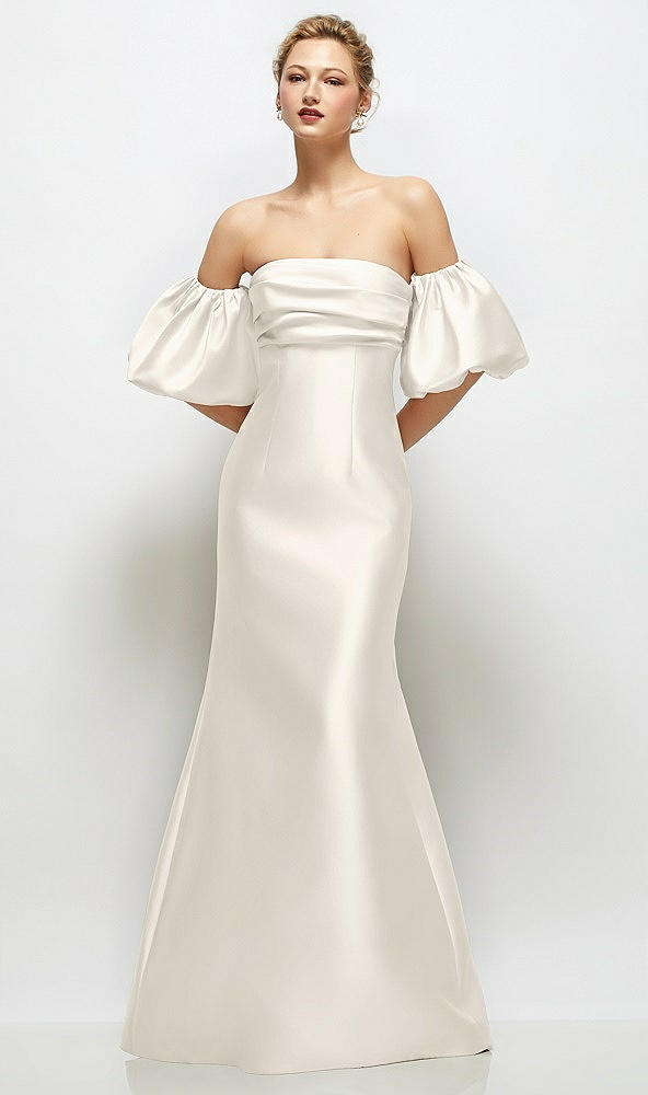 Front View - Ivory Off-the-Shoulder Puff Sleeve Satin Maxi Dress with Flared Skirt