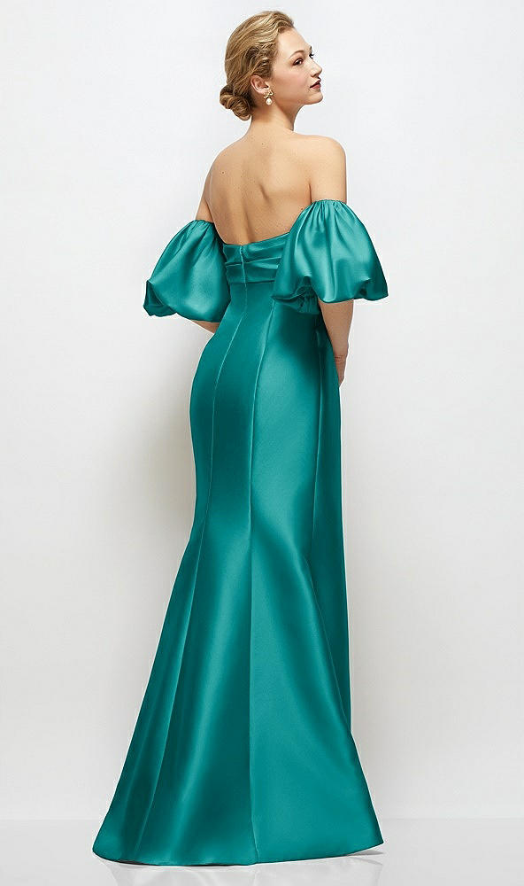Back View - Jade Off-the-Shoulder Puff Sleeve Satin Maxi Dress with Flared Skirt