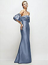 Side View Thumbnail - Larkspur Blue Off-the-Shoulder Puff Sleeve Satin Maxi Dress with Flared Skirt