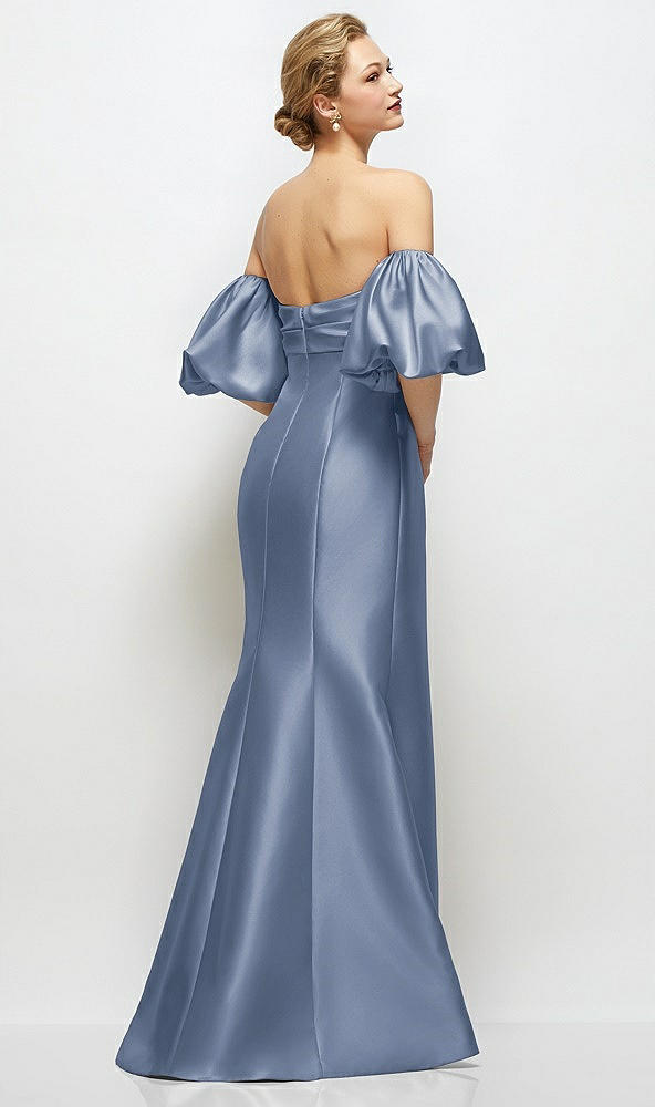 Back View - Larkspur Blue Off-the-Shoulder Puff Sleeve Satin Maxi Dress with Flared Skirt