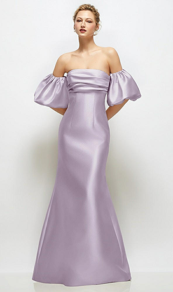Front View - Lilac Haze Off-the-Shoulder Puff Sleeve Satin Maxi Dress with Flared Skirt