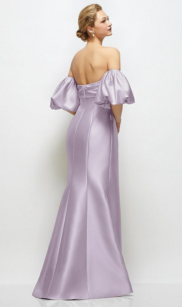 Back View - Lilac Haze Off-the-Shoulder Puff Sleeve Satin Maxi Dress with Flared Skirt
