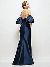 Rear View Thumbnail - Midnight Navy Off-the-Shoulder Puff Sleeve Satin Maxi Dress with Flared Skirt