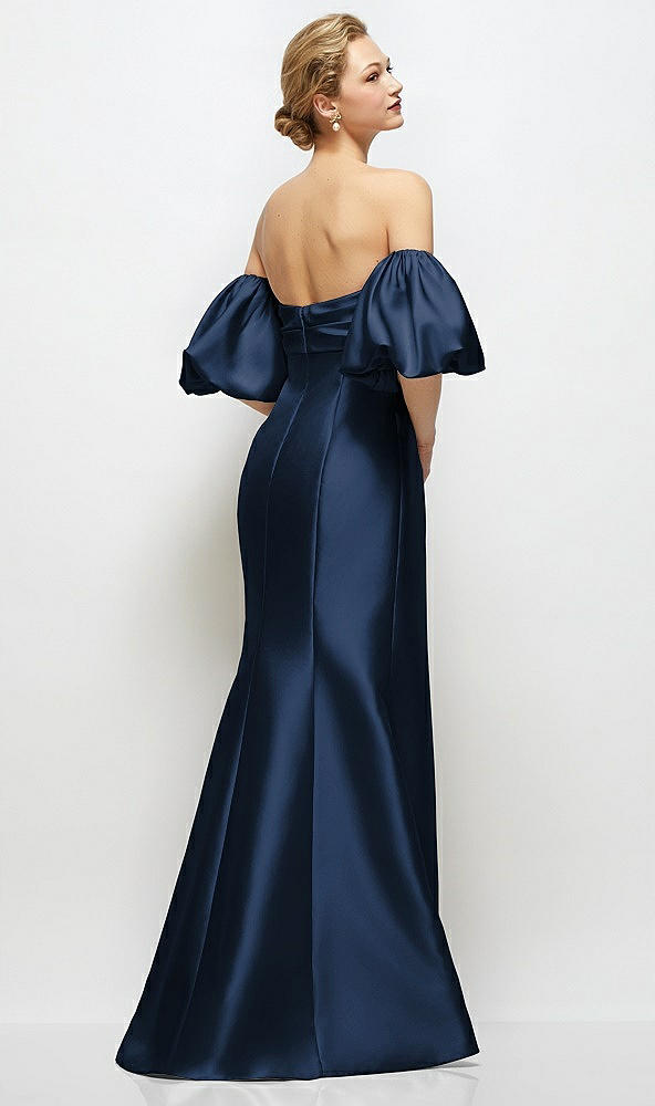 Back View - Midnight Navy Off-the-Shoulder Puff Sleeve Satin Maxi Dress with Flared Skirt