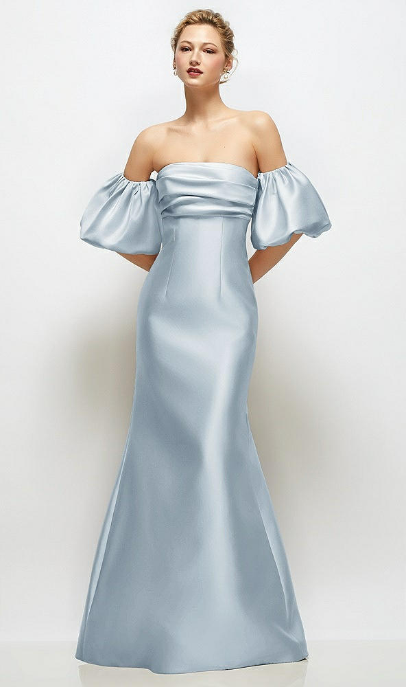 Front View - Mist Off-the-Shoulder Puff Sleeve Satin Maxi Dress with Flared Skirt