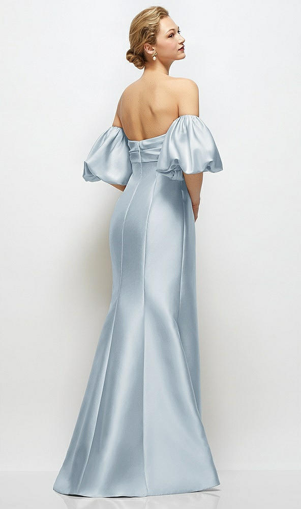 Back View - Mist Off-the-Shoulder Puff Sleeve Satin Maxi Dress with Flared Skirt