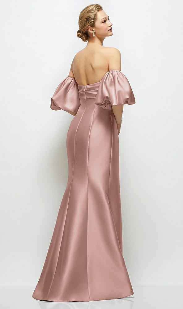 Back View - Neu Nude Off-the-Shoulder Puff Sleeve Satin Maxi Dress with Flared Skirt