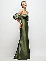 Side View Thumbnail - Olive Green Off-the-Shoulder Puff Sleeve Satin Maxi Dress with Flared Skirt