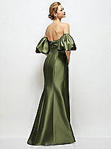 Rear View Thumbnail - Olive Green Off-the-Shoulder Puff Sleeve Satin Maxi Dress with Flared Skirt