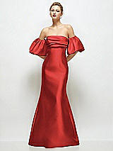 Front View Thumbnail - Poppy Red Off-the-Shoulder Puff Sleeve Satin Maxi Dress with Flared Skirt