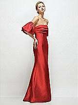 Side View Thumbnail - Poppy Red Off-the-Shoulder Puff Sleeve Satin Maxi Dress with Flared Skirt