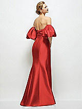 Rear View Thumbnail - Poppy Red Off-the-Shoulder Puff Sleeve Satin Maxi Dress with Flared Skirt