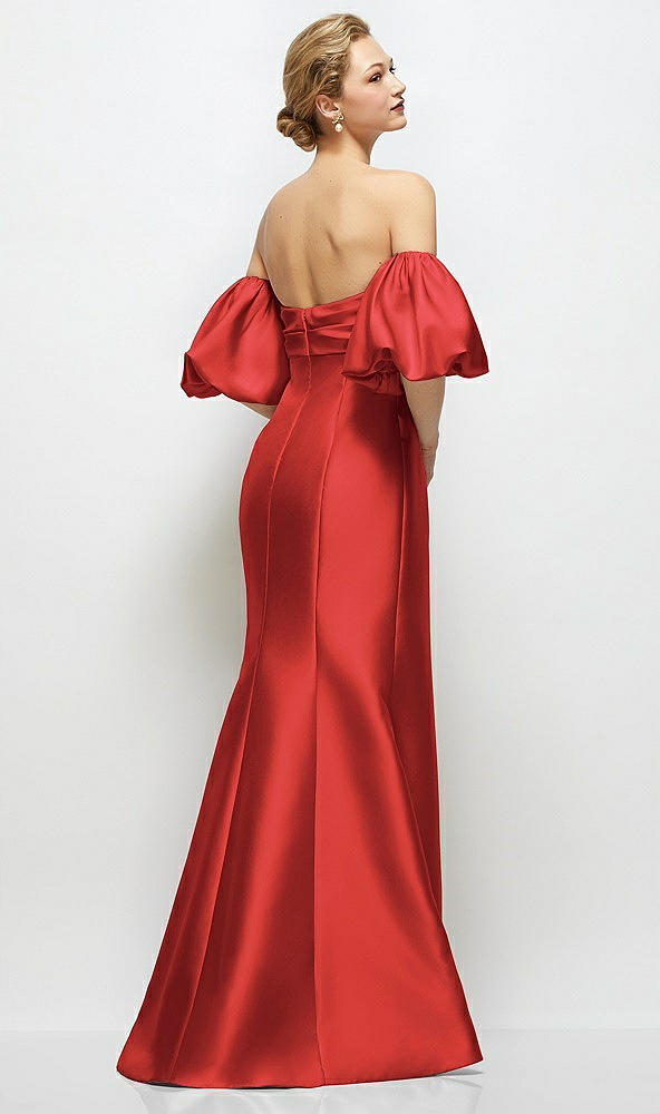 Back View - Poppy Red Off-the-Shoulder Puff Sleeve Satin Maxi Dress with Flared Skirt