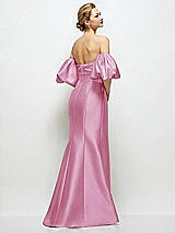 Rear View Thumbnail - Powder Pink Off-the-Shoulder Puff Sleeve Satin Maxi Dress with Flared Skirt