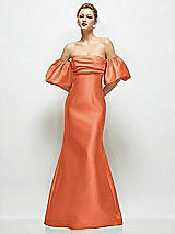Front View Thumbnail - Portofino Orange Off-the-Shoulder Puff Sleeve Satin Maxi Dress with Flared Skirt