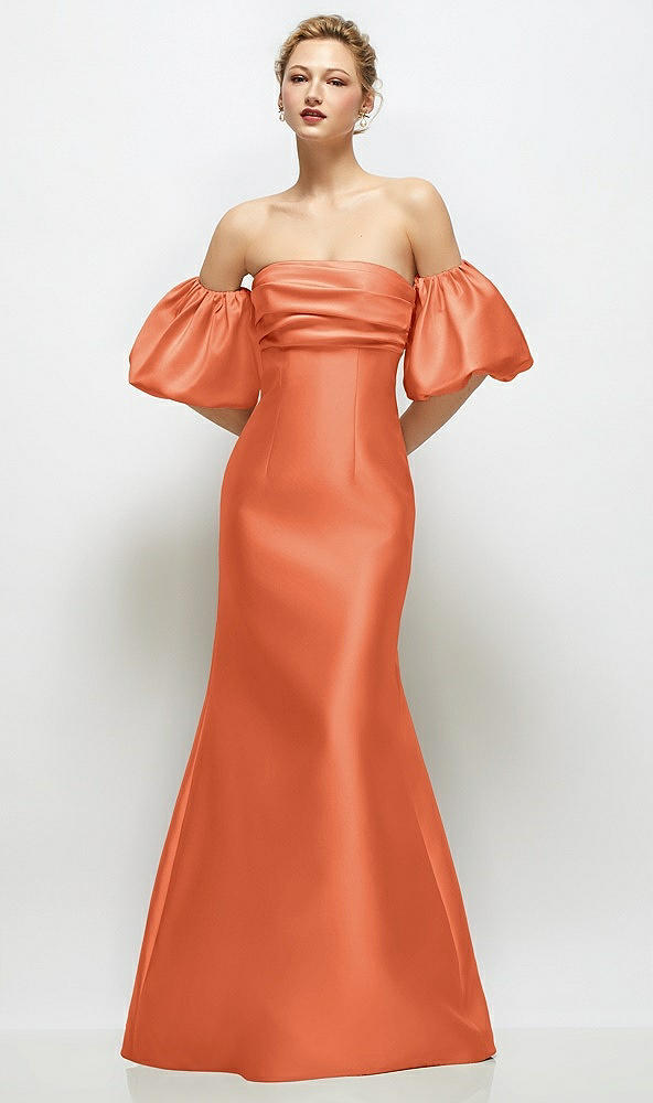 Front View - Portofino Orange Off-the-Shoulder Puff Sleeve Satin Maxi Dress with Flared Skirt