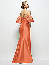 Rear View Thumbnail - Portofino Orange Off-the-Shoulder Puff Sleeve Satin Maxi Dress with Flared Skirt