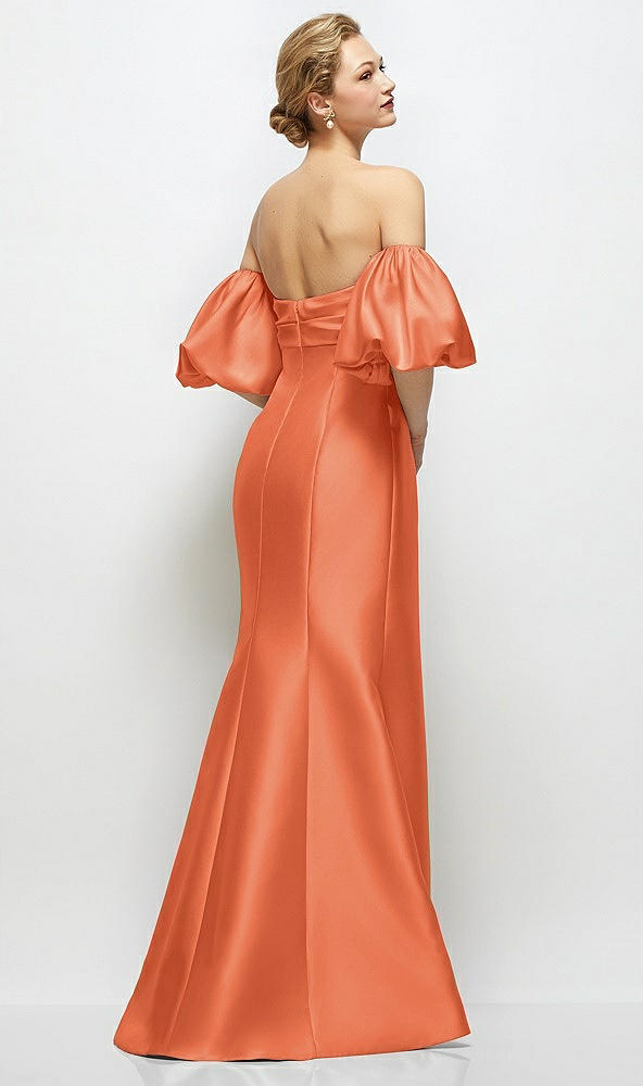 Back View - Portofino Orange Off-the-Shoulder Puff Sleeve Satin Maxi Dress with Flared Skirt